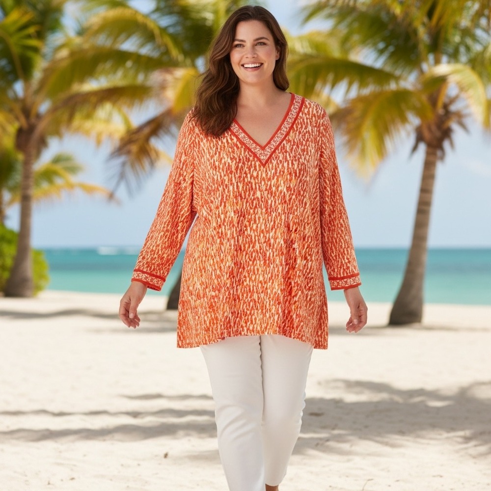 Michael Kors Womens 3X Orange White Abstract Print V Neck Tunic Top Long Sleeve